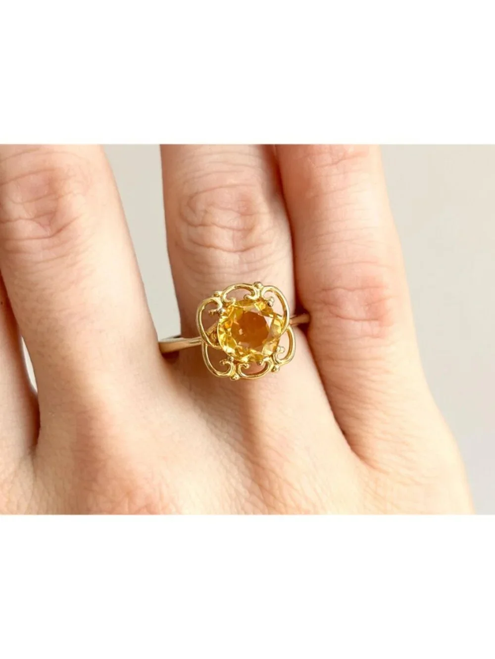 Gold Overlay Citrine Gemstone Solitaire Sterling Silver 925 Vintage Ring - sz 7